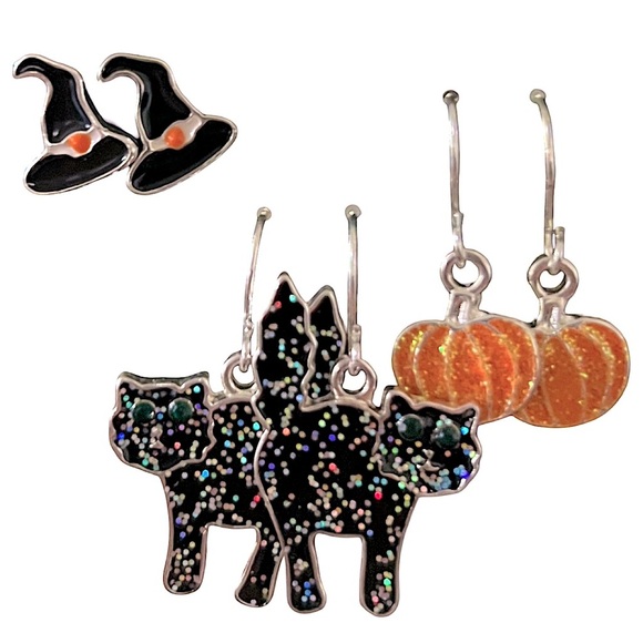 Halloween Sparkly Black Cat Witch Hat and Pumpkin Costume Earrings Set - Picture 1 of 4